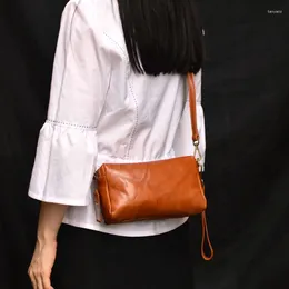 Drawstring Genuine Leather Women Shoulder Bags Vintage Crossbody Handbags For Ladies Messenger Tote Flap Sling Purse Phone Clutch JYY1069