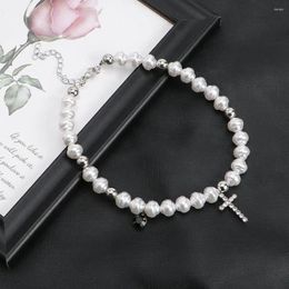 Chains Party Elegant Crystal Cross Pendant Rhinestone Korean Style Necklace Woman Clavicle Choker Simulated Pearl Fashion Neck Jewellery