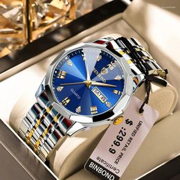 Wristwatches BINBOND Luxury Men Wristwatch Business Waterproof Luminous Date Week Man Watch Stainless Steel Band Men's Quartz Watches Sports