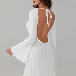 Casual Dresses Puloru Elegant White Knit Ribbed Party Long Dress Women's Backless Tie-up Flare Sleeve Wrap Beach For Vacation