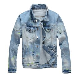 Unique Mens Designer Painted Denim Jackets Ripped Fashion Slim Fit Streetwear Motorcycle Biker Epaulette Blue Jeans Jacket Coat 4221051926