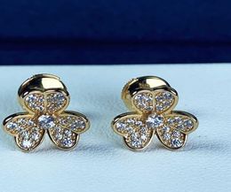 Brand Pure 925 Sterling Silver Earrings 3 Leaf Clover Flower Full Diamond Stud Earrings White Gold Pink Gold Luxury Quality2613226