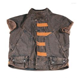 Men's Jackets Waste Soil Destroy Style Washed Distressed Sleeveless Denim Jacket Men Profile Light Blue Vest Loose Jeans Waistcoat