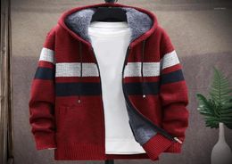 Men039s Jackets Men Hooded Coat Color Block Knitted Autumn Winter Thicken Plush Warm Cardigan Sweater For Office2580154