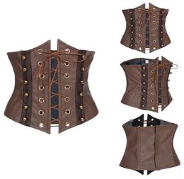 Vintage Brown Faux Leather Lace Up Boned Steampunk Corset and Bustier Top9705595