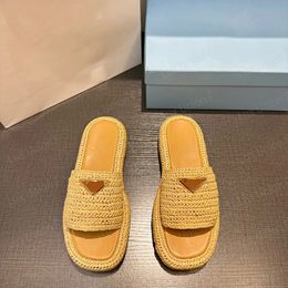 new triangle straw weave slipper gold buckle sandal platform slipper designer yellow women summer flat heel casual flip flops outdoor pool sliders beach shoes