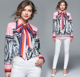 2019 Spring Fall Luxury Baroque Print Bow Tie Neck Women Casual Office Button Front Lapel Neck Long Sleeve Channel Top Shirt Blouse7096754