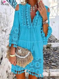 Casual Dresses VOLALO Tassel Sexy Boho Long Dress Women Lace Fall Solid Hollow Out V-Neck Bohemian Style Vestidos