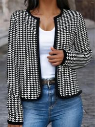 Women's Jackets Houndstooth Printed Women Jacket Coats Casual Full Long Sleeve Outerwear Tops Ladies Cropped Chic