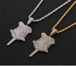 Hip Hop Rose Flower Pendant Necklace With Rope Chain Iced Out Cubic Zircon Bling Men Jewelry2913195