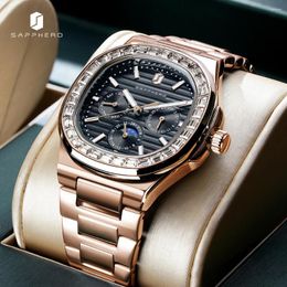 Wristwatches SAPPHERO Rose Gold Watches For Men Diamond Wristwatch Multifunction Dial Waterproof Mens Stainless Steel Watch Luxury Clock