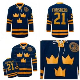 Kob #21 Peter Forsberg Jersey Team SWEDEN Ice Hockey Jerseys embroidered 100% Stithed Blue Custom Your Name & Number