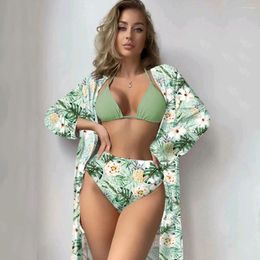 Women's Swimwear 3 Pack Floral Print Triangle Bikini Set Swimsuit Women Cover Up Summer Beach Bathing Suit High Waisted Bikinis Kimono