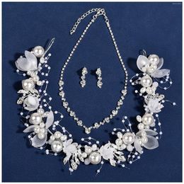 Necklace Earrings Set 3 Pieces Women Pearl Jewelry Classy Flower Headdress Drop Pendant For Fashion Party Gift