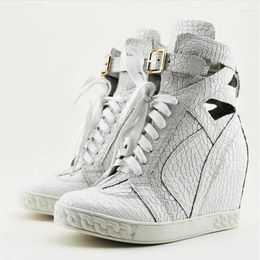 Boots White Snakeskin Leather Wedge 8CM High Platform Height Increasing Ankle Lace-Up Thick Rubber Sole Cusual Shoes