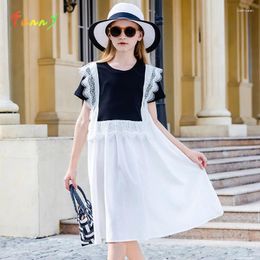 Girl Dresses Teen Girls Summer Black White Cotton Top Chiffon Skirt Patchwork Dress Short Sleeve Lace Children Clothes 2024