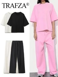 TRAFZA Summer Women Casual T Shirt Pant Sets Elegant Pink O Neck Short Sleeve T-Shirt Drawstring Loose Trousers Spring Suit 240504