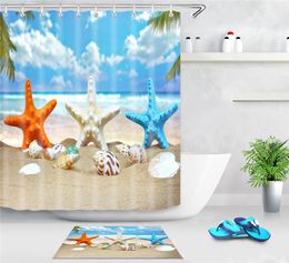 Sea Beach Shower Curtain Starfish Shell Printed Bath Screen Polyester Waterproof Shower Curtains Decor With Hooks5143516