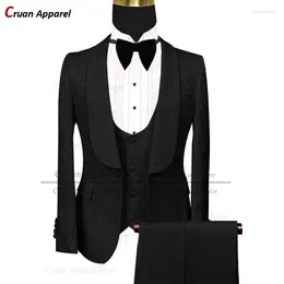 Men's Suits Latest Elegant Black Jacquard Suit Men Set Slim Fit Wedding Groom Tuxedo Formal Blazer Vest Pants 3Pcs Prom Costumes