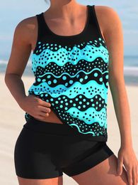 Women's Swimwear 2 Piece Strape Tankini Set Wave And Dot Printed Swimsuit Women Push Up Female High Waist Bathing Suit Padded Beachwear