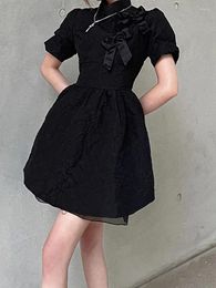 Party Dresses SONNEESD French Harajuku Babes A-Line Cheongsam Jacquard Gauze Design Girly Vintage Bow Puff Sleeve Black Mini