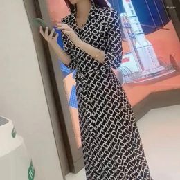 Casual Dresses Vintage Printed Elegant V-Neck A-Line Female Clothing Drawstring Bow Stylish Split Spring Summer 3/4 Sleeve Long Dress