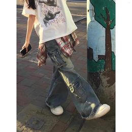 Women's Jeans High Street Straight Leg Floor-Length Pants Female Retro Fashion Hip Hop Personali Multi Pocket Design Sagging Sensation