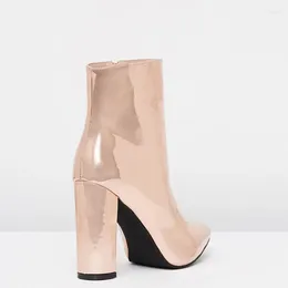 Boots Shofoo Metallic Rose Gold Ankle Chunky Heels Zipper Square Toe Patent Leather Mature Fashion Ladies Shoes Large Size 13 15
