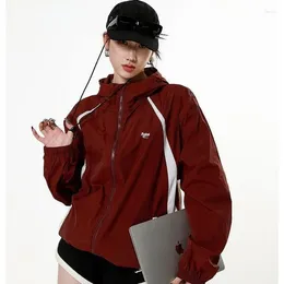 Women's Jackets Deeptown Summer Red Jacket Women Vintage Oversized Hiphop Windbreakers Hooded Sunscreen Thin Japanese 2000s Style Y2k