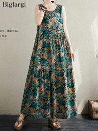 Casual Dresses Oversized Flower Floral Print Summer Sleeveless Vests Dress Women Loose Ruffle Pleated Fashion Ladies A-Line Woman