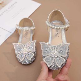 Sandals Girls Princess Shoes Bow Glass Rhinestones Soft-soled Dress Childrens Sequined Fashion H240504