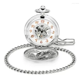 Pocket Watches Antique Style Silver Tone Arabic Number Dial Watch Mechanical Men's Steampunk Vintage Hand-Wind Engraved Skeleton Case