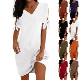 Elegant Off Shoulder Dresses For Women Summer Solid Bow Short Sleeve V Neck Casual Mini Dress White Loose Beach Party 240424