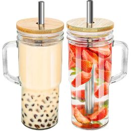 2pcs Glass Cup Wooden Lid Bubble Tea Cold Drinking Coffee Wine Juice Milk Transparent Straw Car Mug Drinkware Water Bottle 240429