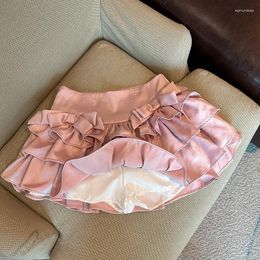 Skirts Sweet Girl Pink Short Pantskirt Women's Summer Ballet Bow Puffy Cake A- Line Skirt Mini Satin Mujer 2024