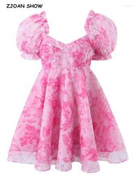 Party Dresses Sweet Princess Rose Pink Flower Print Organza Ball Gown Dress Wood Ears Puff Sleeve Retro Women Swing Mini Fairy Cake Robe