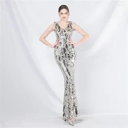 Casual Dresses Women Sexy Elegant Sleeveless V Neck Backless Silver Gold Sequined Cocktail Prom Wedding Evening Party Long Maxi