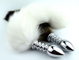 Penis Ring Belt Stainless Steel Silver Spiral Large Anal Plug With White Fox Tail4905043