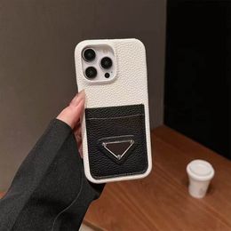 Designer Card Holder Pocket Phone Case for Apple iPhone 15 Pro Max 14 Plus 13 12 11 Luxury Litchi Pebbled PU Leather Lens Bump Hard Shell Back Cover Coque Fundas White