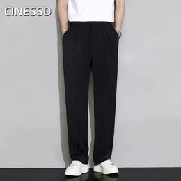 Summer Mens Casual Loose Straight Suit Pants Button Elastic Waist Solid Colour Loose Breathable Korea Trousers Minimal Design 240423