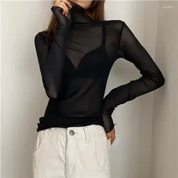 Women's T Shirts Girls Mesh Tees Female Spring Summer Transparent Full Sleeve Turtleneck Thin Shirt Tops Y2k Undershirts Women Gift