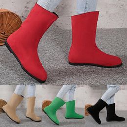 Boots Retro Black Low Heel Short Women'S Spring And Autumn Single Boot Round Toe Flat Sole Socks Shoes Elastic Slim