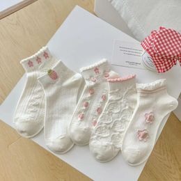 Women Socks Cute Short Cotton Thin Breathable Low Cut Ankle Strawberry Print Sweet Girls Kawaii Solid Color White