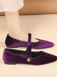 Elegant Velvet Ballet Flats Woman Luxury Velour Mary Jane Shoes Ladies Pointed Toe Buckle Strap Loafers In Purple Green 240424