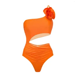 Women's Swimwear Summer One Shoulder Sexy Hollow Out Three-Dimensional Flower Bikini With Hip Wrap Skirt Cover Up Pleated Thong Swimsuit