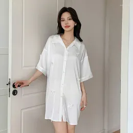 Women's Sleepwear Women Nightgown Lapel Satin Nightdress Sleep Shirt Summer Half Sleeve Sexy Loose Lingerie Loungewear