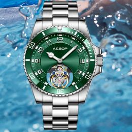 Wristwatches AESOP Men's Green Water Ghost Tourbillon Skeleton Watches Super Luminous Sapphire Pilots Male Mechanical Waterproof