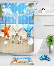 Sea Beach Shower Curtain Starfish Shell Printed Bath Screen Polyester Waterproof Shower Curtains Decor With Hooks2516239