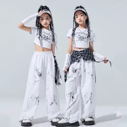 Stage Wear Jazz Modern Dance Costumes For Girls White Crop Tops Cargo Pants Suit Streetwear Children Hip Hop DQS16248