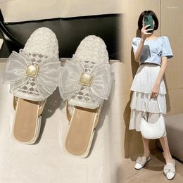 Slippers Flower Lace Bow Low Heel Women Cover Round Toe Rhinestone Buckle Slides Mules Female Cutout Flip Flops Big Size 43